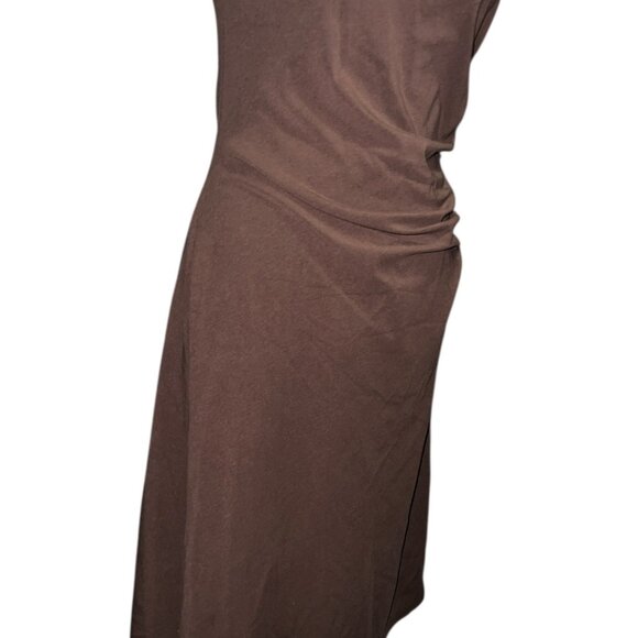 OGL Mockneck Tucks Midi Dress Sz Medium Womens Brown Sleeveless Stretchy Ruched - Picture 12 of 16